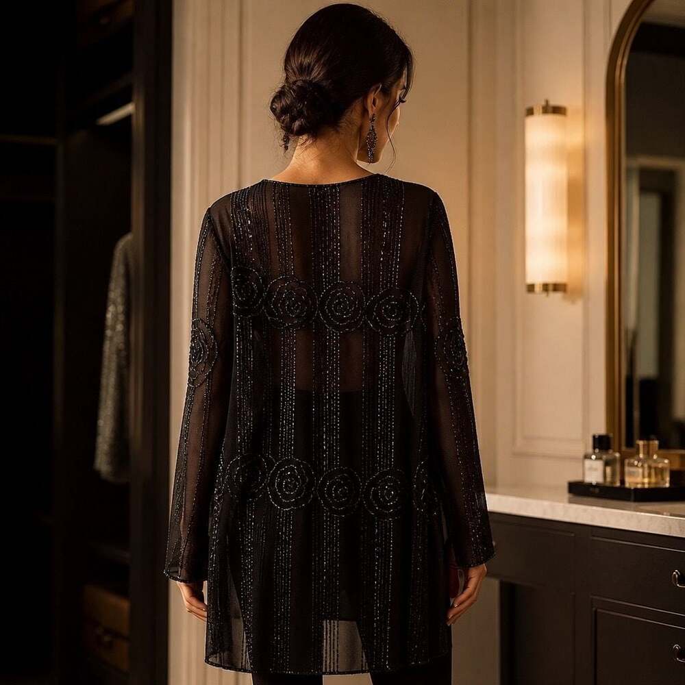 JmD New York Women's Black Sheer Beaded Open Front Topper Jacket Size M